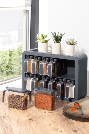 0440 Set of 12 Self-Adhesive Spice Jars with Spoons and Lids with Stand - Anthracite 2023ST06363 - Porsima