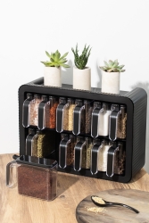 0440 Standlı 12 li Kendinden Yapışkanlı Kaşıklı Kapaklı Baharatlık Takımı - Siyah 2023ST06325 - Porsima