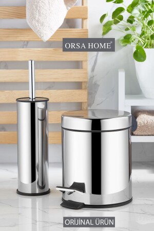 084 Stainless Metal Chrome Pedal 3 Lt Trash Can And Toilet Brush Set - Orsa Home