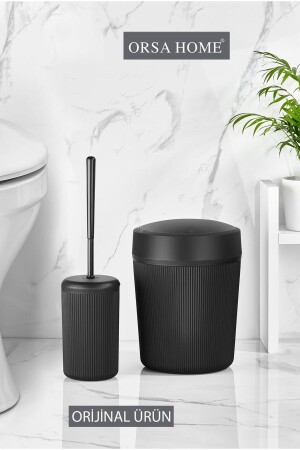 087 Black Bathroom Trash Can And Toilet Brush Set - Orsa Home
