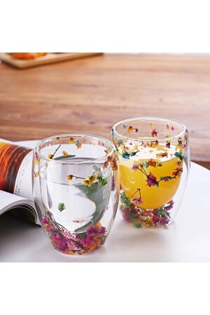 1 Adet Çiçekli Isıya Dayanıklı Borosilikat Çift Çidarlı Flower Cup Çiçekli Kahve Sunum Bardağı - Mimoza Park