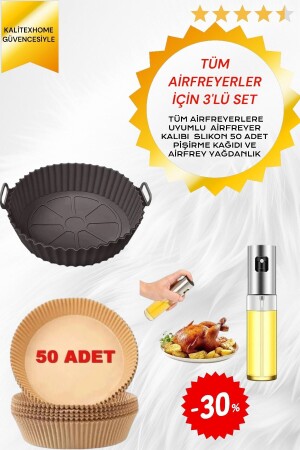 مجموعة الطهي الموافقة مع كل جهاز التشريع الجوي + حاوية سيليكون 1 كم + AirFryer Oil Paper 50 كم + حاوية زيت رش 100 مل - Kalitexhome