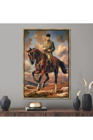 1 Piece Gold Framed Canvas Painting, Ataturk Equestrian Horse Wall Decoration, H-551-1PGF - Kayra Export