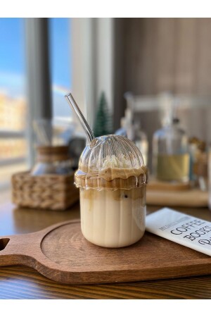 1 Stück ovaler, hitzebeständiger Pinterest-Becher aus Glas mit Deckel, Kaffee- und Präsentationstasse, 430 ml - Mimoza Park