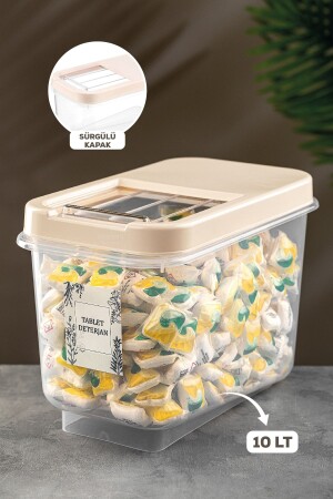 10 Lt Tablet Detergent Storage Box with Sliding Lid - Labeled Detergent Storage Container Cream MCH-638 - Meleni Home