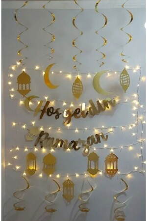 10 Piece Ceiling Ornament and Welcome Ramadan Bannner and LED Light Ramadan Month Decoration Set - All Ages - Hayaller Dükkanı