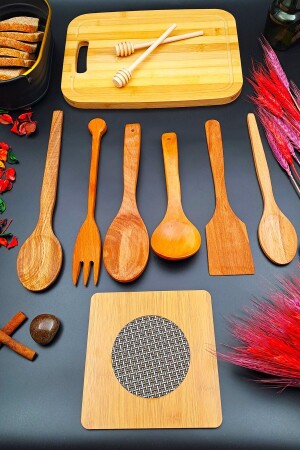 10-Piece Natural Wooden Luxury Cutting Board Kitchen Serving Ladle Honey Spoon Trivet Dowry Set Handcrafted - Swencraft