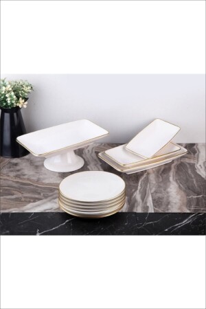 10 Piece White Gold Cake Service Presentation Plate Set 10 pieces white - GÖNÜL