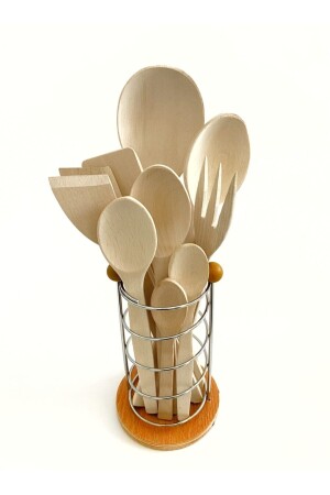 10 Piece Wooden Spoon Wooden Spatula Serving Ladle Fork Tongs Set - with metal Stand YNGN. STNDLI. ST - Kitchen Mania