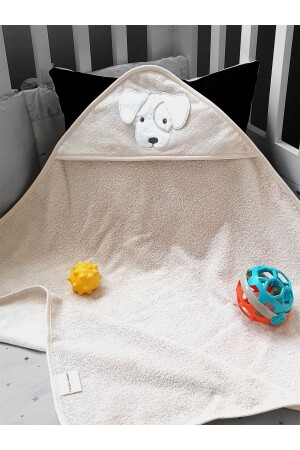 100 % Baumwolle, beigefarbenes Hundemuster, besticktes Babyhandtuch, 75 x 75 cm - Tanem Home