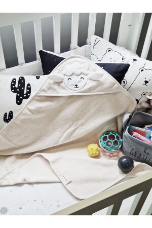 100% Cotton Beige Lamb Pattern Embroidered Baby Towel Swaddle 75x75cm TNMHM2022700KND - Tanem Home