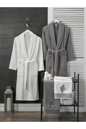100% Cotton Compass Embroidered 4 Piece Family Bathrobe Set White Gray - B2b Plus