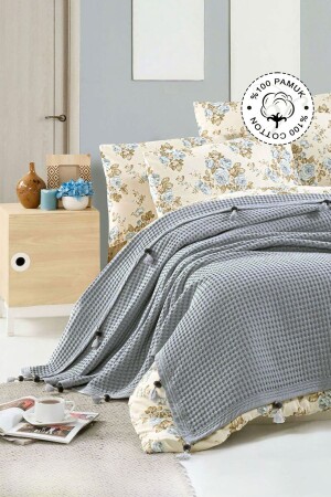 100% Cotton Double Bedspread Pike, Waffle Pattern Pompom Gray Pike 01. 3001. 02 - Vionel Home
