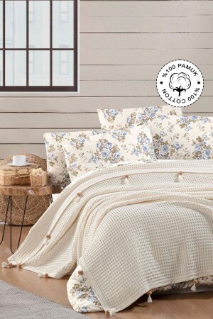 100% Cotton Double Pike, Waffle Pattern, Pompom Cream Pike 01. 3001. 02 - Vionel Home