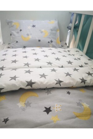 100% Cotton Kids 90x190 Montessori Pillow Sheet Quilt Set Gray Yellow Big Star 1597 - Bebek Özel