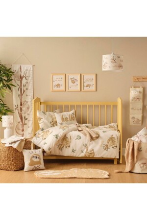 100% Cotton Ranforce Sloth Baby Duvet Cover Set Beige (100x150 cm) - Bella Maison