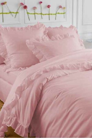100% Cotton Ruffled Ornamentally Stitched Light Pink Double Duvet Cover and Pillowcase Set 200220RIBBLE - makiteks