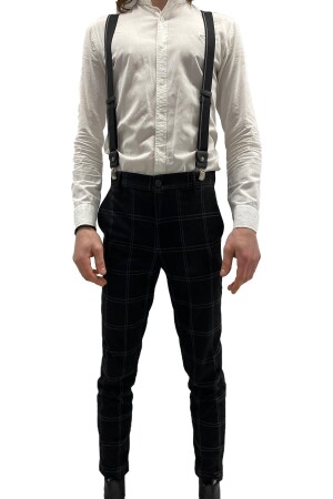 100% Leather Gray Striped Black Unisex Trouser Suspender ZKTNASKS24 - ZEKTON