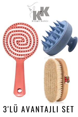 100% Natural Horsehair Brush 3D Comb Hair Massage Comb Set of 3 - Kozmokalite