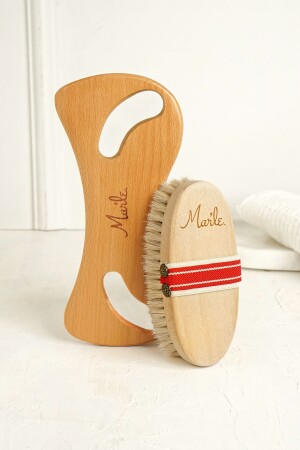 100 % natürliche Rosshaarbürste und Cellulite-Massagegerät aus Holz, 2-teiliges Pflegeset - Mar’Le