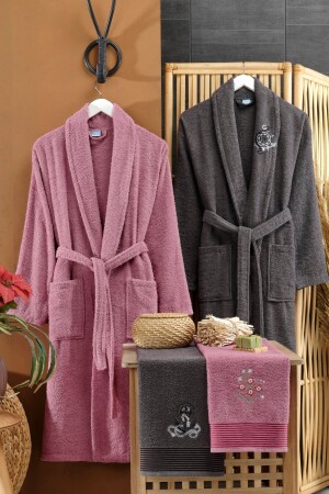 %100 Pamuk Nakışlı Baş Havlulu Bornoz 4'lü Set Çeyiz Seti Hamam Seti Banyo Seti - Evanora