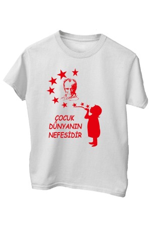 %100 Pamuk Sıfır Yaka Kısa Kollu Renkli Atatürk ve Yıldızlar Baskılı 23 Nisan Çocuk Tişört - Çapıt