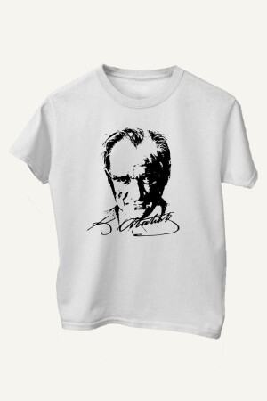 %100 Pamuk Standart Kesim Sıfır Yaka Kısa Kollu Siyah Atatürk Baskılı Beyaz 23 Nisan Çocuk Tişört - Çapıt