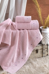 %100 Pamuklu 3 Parça Romantik Puantiyeli Banyo Havlu Seti | Hamam Takımı | Çeyiz Seti HVL-00008 - Ellia Soft