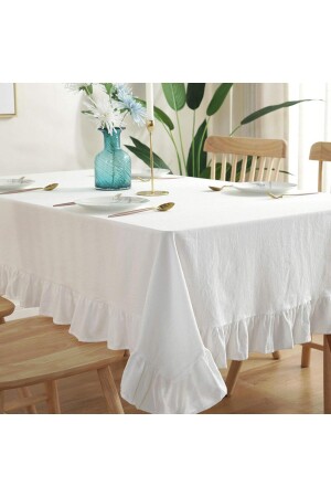 100% Raw Cotton Linen Ruffle Tablecloth 160x220 Cm Vintage Kitchen Living Room Tablecloth - Evya