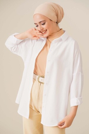 103901 Oversize Basic Tesettür Gömlek - Beyaz - Bigmerter