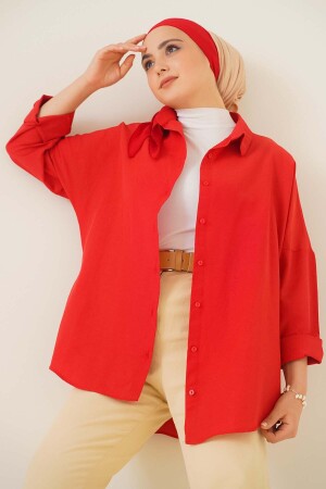 103901 Oversize Basic Tesettür Gömlek - Kırmızı - Bigmerter