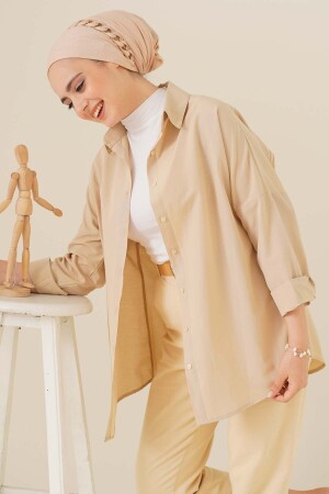 103901 Oversize Basic Tesettür Gömlek - Krem 103901BGD19 - bigmerter