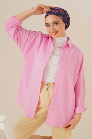 103901 Oversize Basic Tesettür Gömlek - Pembe - Bigmerter