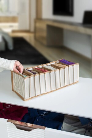 11 Compartment Drawer Interior Beige Striped Organizer - Medium 15 X 43 X 14 - Serstil