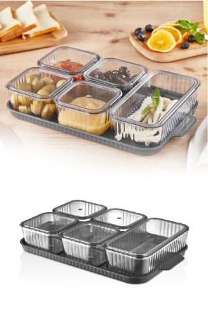 11 Parça 5 Bölmeli Tepsili Vakumlu Füme Akrilik Kahvaltı Seti- Saklama Kabı Seti - Turnberry