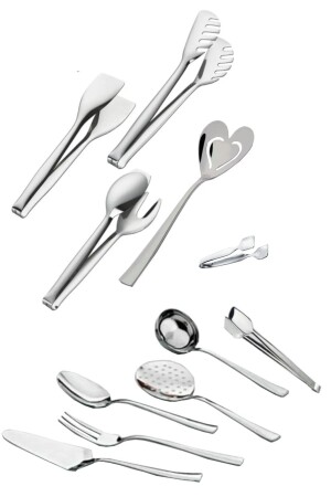 11-teiliger Stahlspatel, Löffel, Sieb, Schöpfkelle, Grill, Zucker, Nudeln, Gebäck, Zangen, Werkzeug-Set, 11-teilig - Nehir