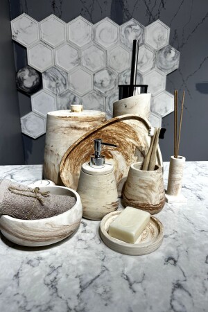 11-teiliges Badezimmer-Set aus Beton mit Marmormuster, Seifenspender für feste Flüssigkeiten, Zahnbürstenhalter, Mülleimer, Räuchergefäß - Betonmall