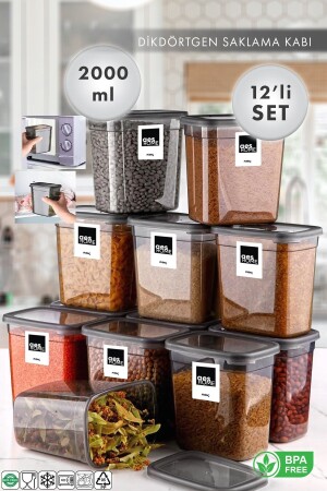 12 Adet Jumbo Boy Dikdörtgen Saklama Kabı 2000 Ml Antrasit(etiket Hediyeli) AES-183 - AES HOME