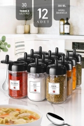 12 Adet Kapağı Kendinden Kaşıklı Ve Etiketli Baharatlık Seti 300 ml Etiketli Cam Baharat Takımı MCH07903 - Kitchen Life