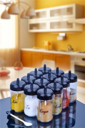 12 Glass Spice Jar Set with Lid and Spoon and 30 Water Resistant Transparent Labels - 300ml Szk-kk. 011 - Sezka Life