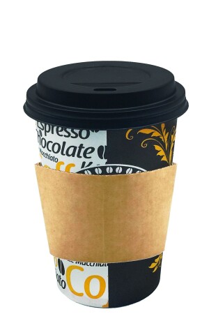 12 Oz Black Paper Cup with Lid and Handle Latte Coffee Paper Cup with Sleeve 300 Ml - 100 Pieces AT012OZ - Afra Tedarik