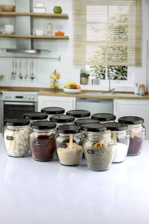 12 Pack Black Lid 580 Cc Glass Jar - With Spoon And Label Ears Series2 - Karçiçeği Home