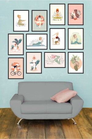 12 Parça Çerçeve Görünümlü Mdf Tablo Seti - Yoga - Meditasyon Temalı Illustrasyon Tablo - Biz Dijital