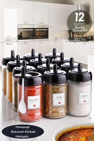 12-Piece 300 Ml Glass Spice Jar Set with Lid, Spoon and Gift Label | - Homerest