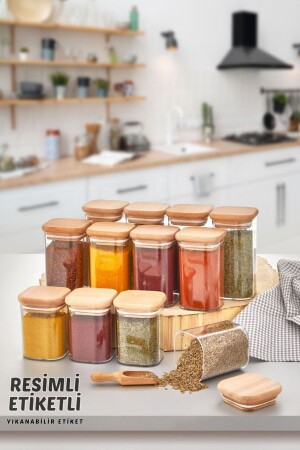 12-Piece Acrylic Vacuum Wooden Lid Square Spice Jar Set with Illustrated Label 300 Ml - Spice Jar Set TYCVR6NBON169046612294883 - Comprox