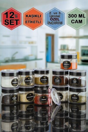 12-Piece Crystal Vacuum Glass Spice Jar with Lid and Label and Spoon Storage Container - Jar 300 ml 12li300ml11 - Karçiçeği Home