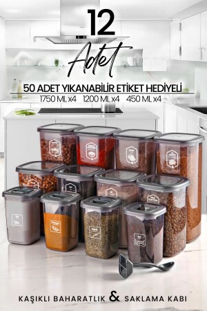 12-Piece Labeled Square Food Storage Container and Spice Jar Set with Spoon (1750ML 1200ML 400 ML) MCH009504 - Kitchen Life