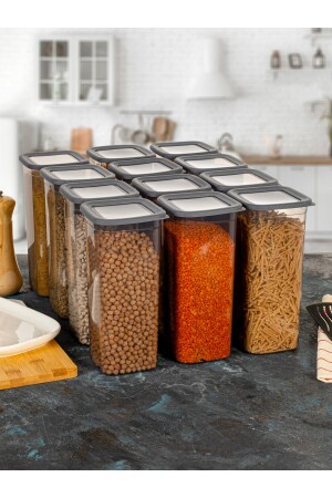 12 Piece Large Size Spice Jar Square Storage Container Set - 1. 900ml Anthracite Food Container Long Jar USK19001 - Rembox