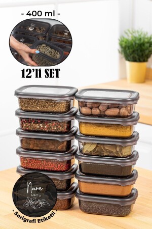 12-Piece Peggy Rectangular Spice Jar Set with White Screen Printing Label 400 Ml Anthracite BHRT12LI400 - Vienev