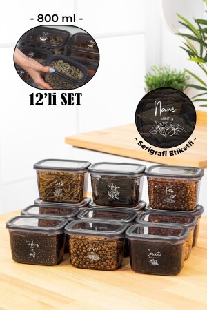 12-Piece Peggy Rectangular Spice Jar Set with White Screen Printing Label 800 Ml Anthracite BHRT12LI800 - Vienev